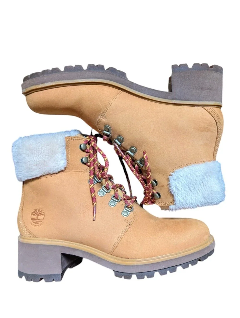 Timberland Kinsley Leather Wheat Tan Lace-Up Ankle Boots With Faux Fur Collar